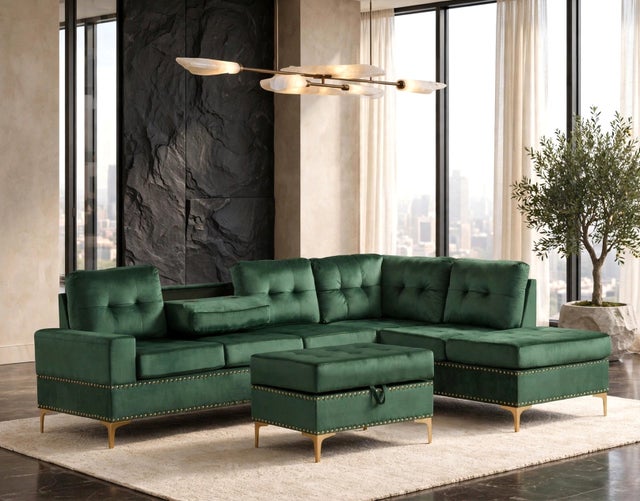 Anserra Green Reversible Sectional + Ottoman Set