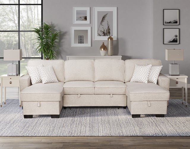 Sahara Beige - Double Storage Chaise Sectional w/ Drop Down Cupholders **NEW ARRIVAL**