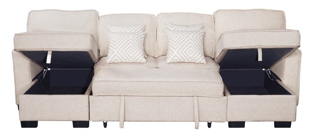 Sahara Beige - Double Storage Chaise Sectional w/ Drop Down Cupholders **NEW ARRIVAL**