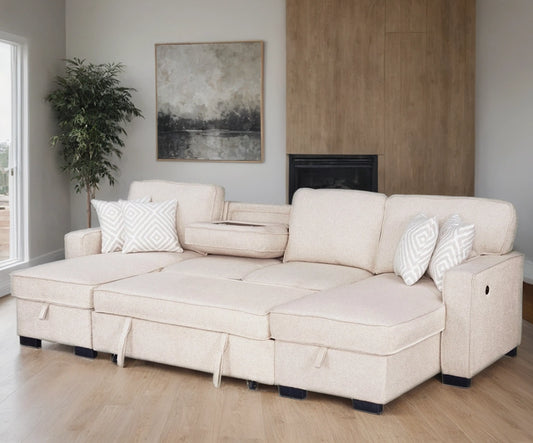 Sahara Beige - Double Storage Chaise Sectional w/ Drop Down Cupholders **NEW ARRIVAL**