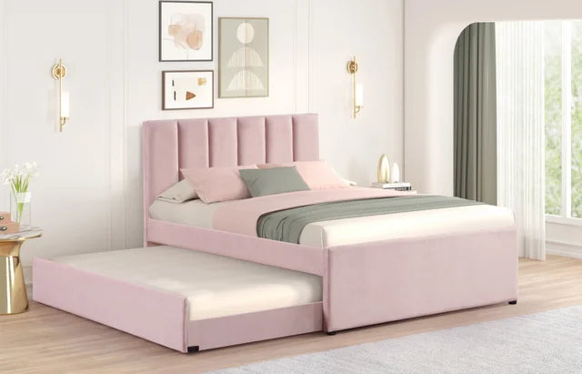 MAYA - Pink Twin, Full Platform Bed w/ Trundle