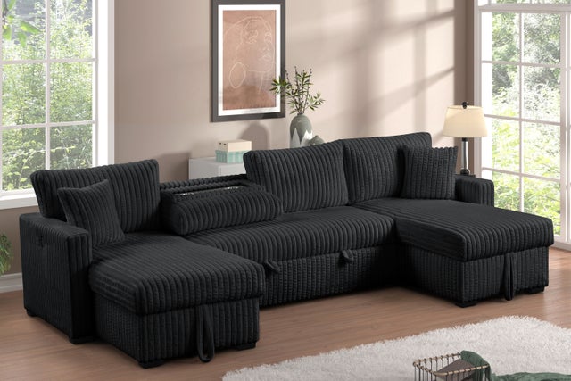 July Black Double Storage Chaise Sectional (w/ Pull Out Bed) **NEW ARRIVAL**