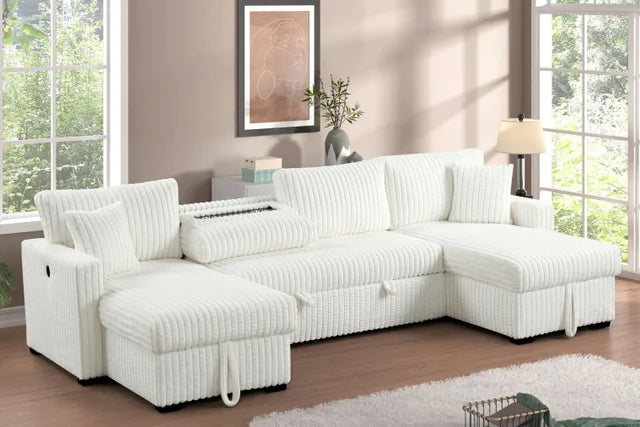 July Beige Double Storage Chaise Sectional (w/ Pull Out Bed)