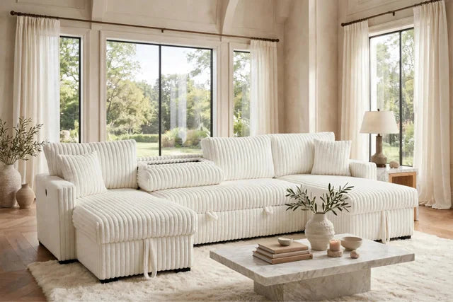 July Beige Double Storage Chaise Sectional (w/ Pull Out Bed)