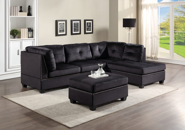 Sienna - Black Velvet Sectional + Ottoman Set