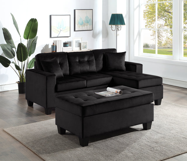 Naomi Black Velvet  - Reversible Sectional & Ottoman Set