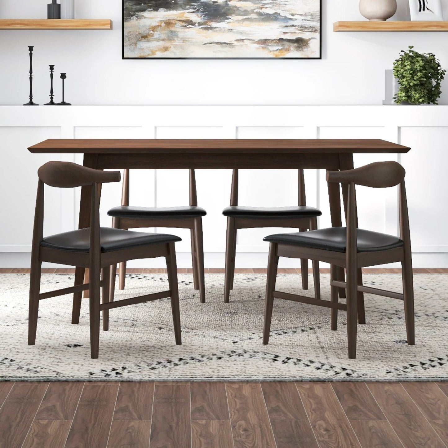 Adira Large Walnut Dining Set with 4 Winston Black Leather Dining Chairs