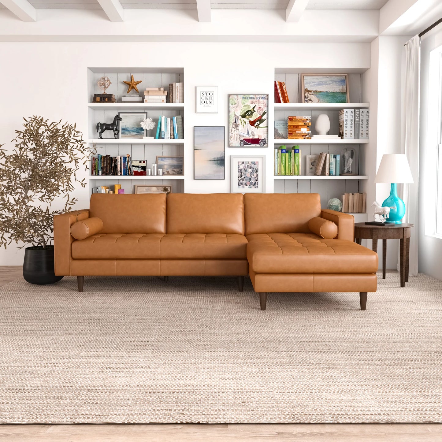 Daphne Leather L Shape Corner Sofa (Tan-Right Facing)