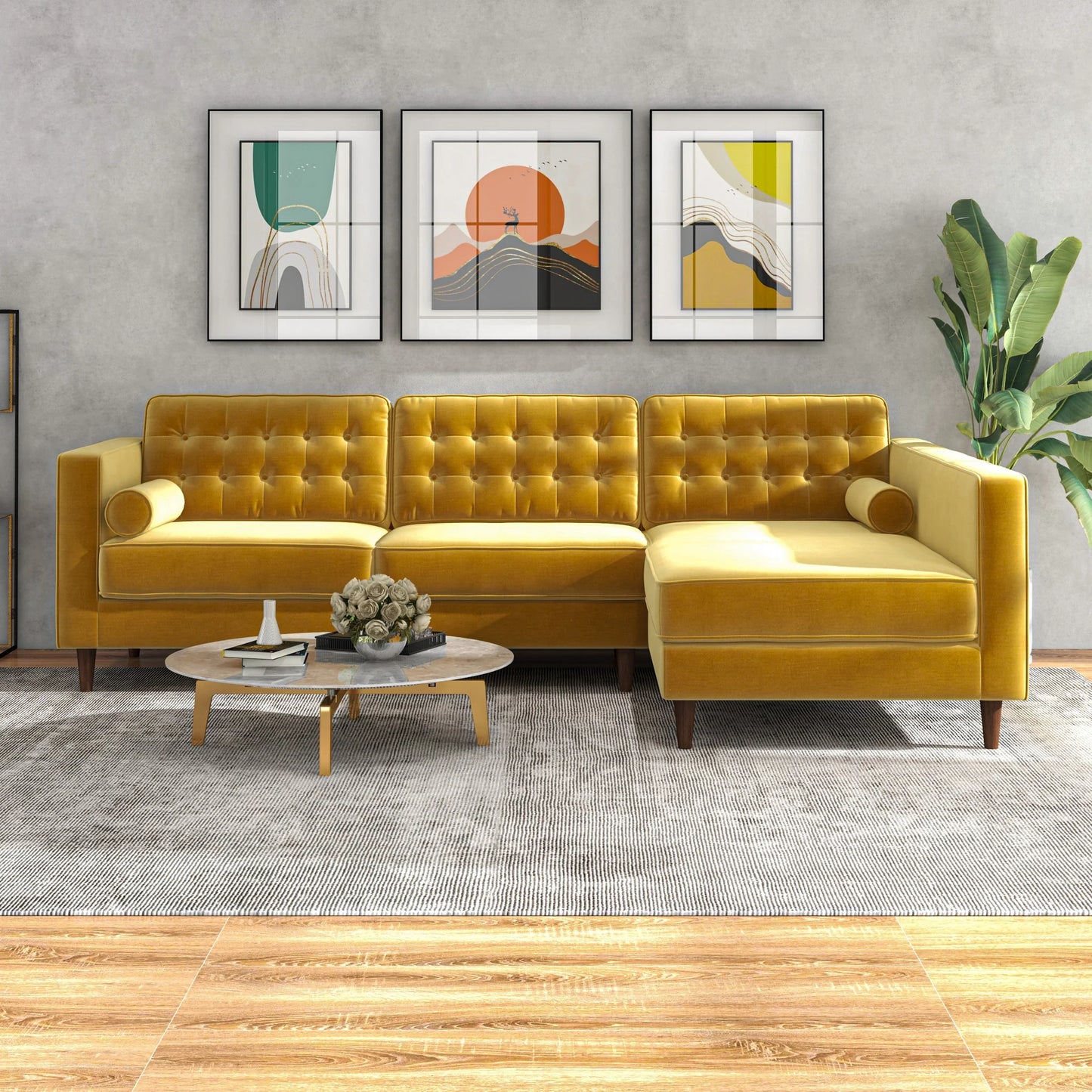 Olson Sectional Sofa (Gold Velvet) Right Chaise