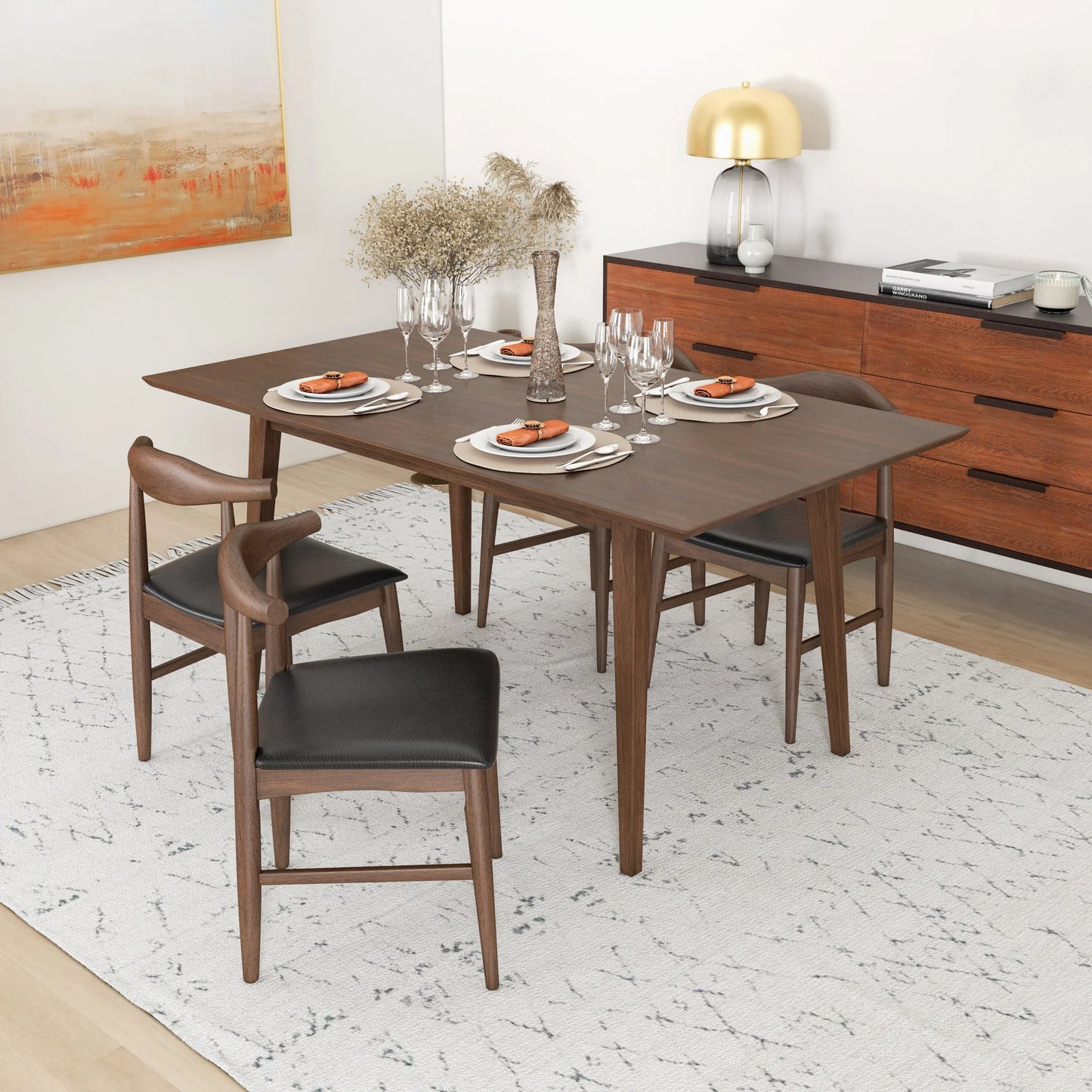 Alpine (Large - Walnut) Dining Set with 4 Winston (Black Leather) Dining Chairs