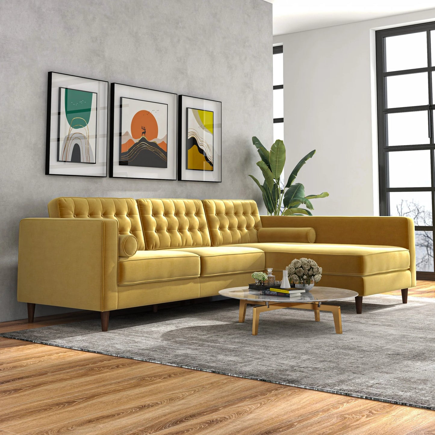 Olson Sectional Sofa (Gold Velvet) Right Chaise