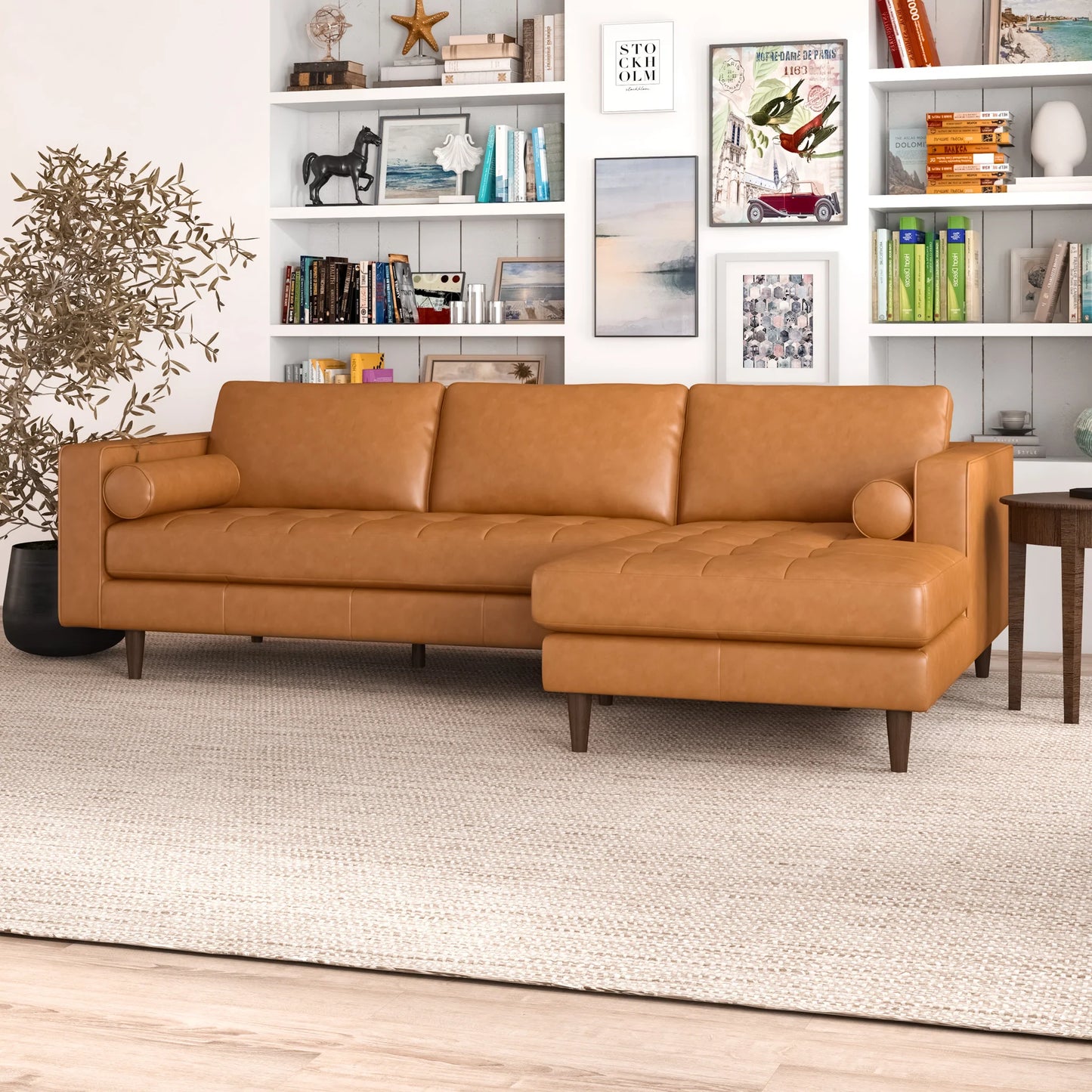 Daphne Leather L Shape Corner Sofa (Tan-Right Facing)