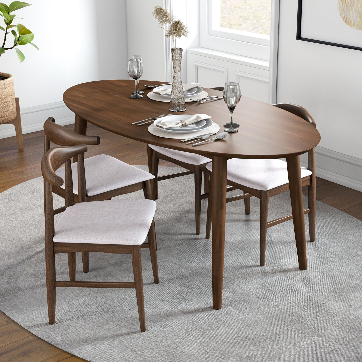 Rixos (Walnut) Oval Dining Set with 4 Winston (Beige) Dining Chairs