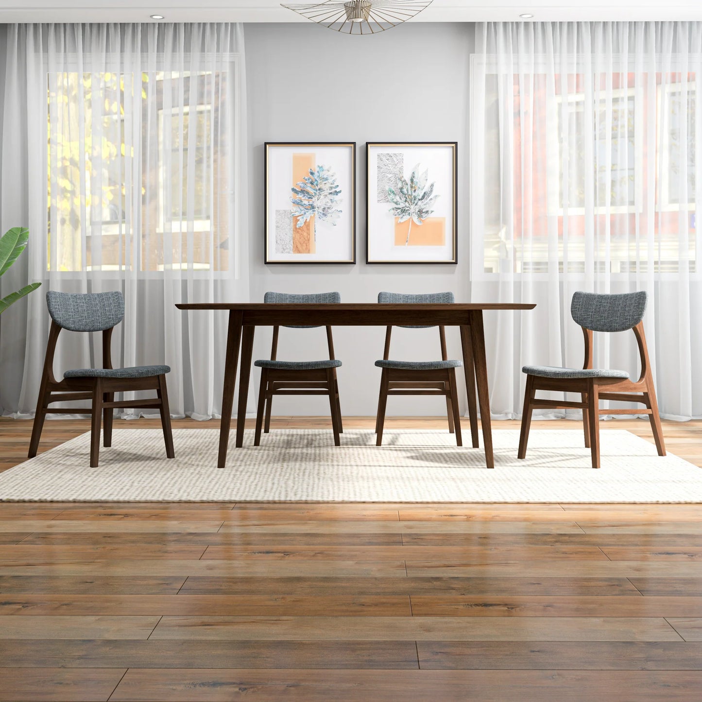 Adira (Large - Walnut) Dining Set with 4 Collins (Grey) Dining Chairs