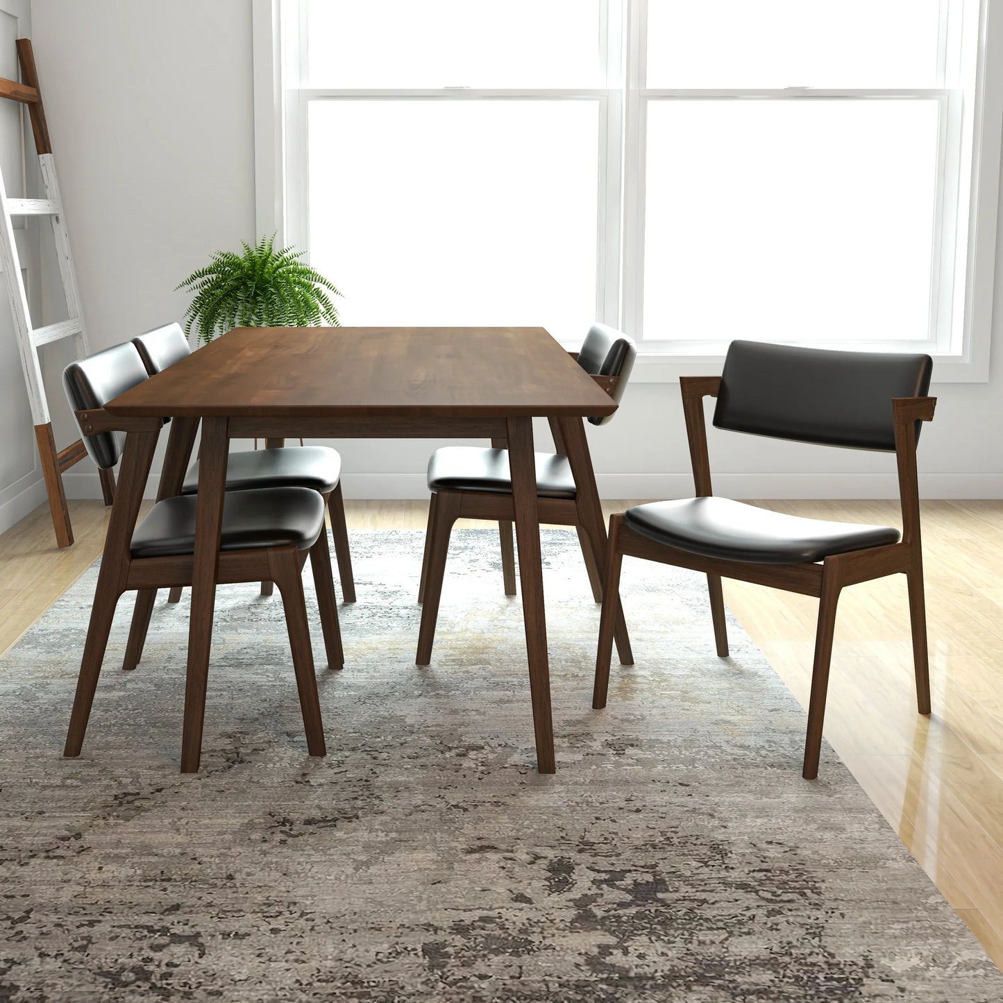 Adira Large Walnut Dining Set with 4 Ricco Black Leather Dining Chairs