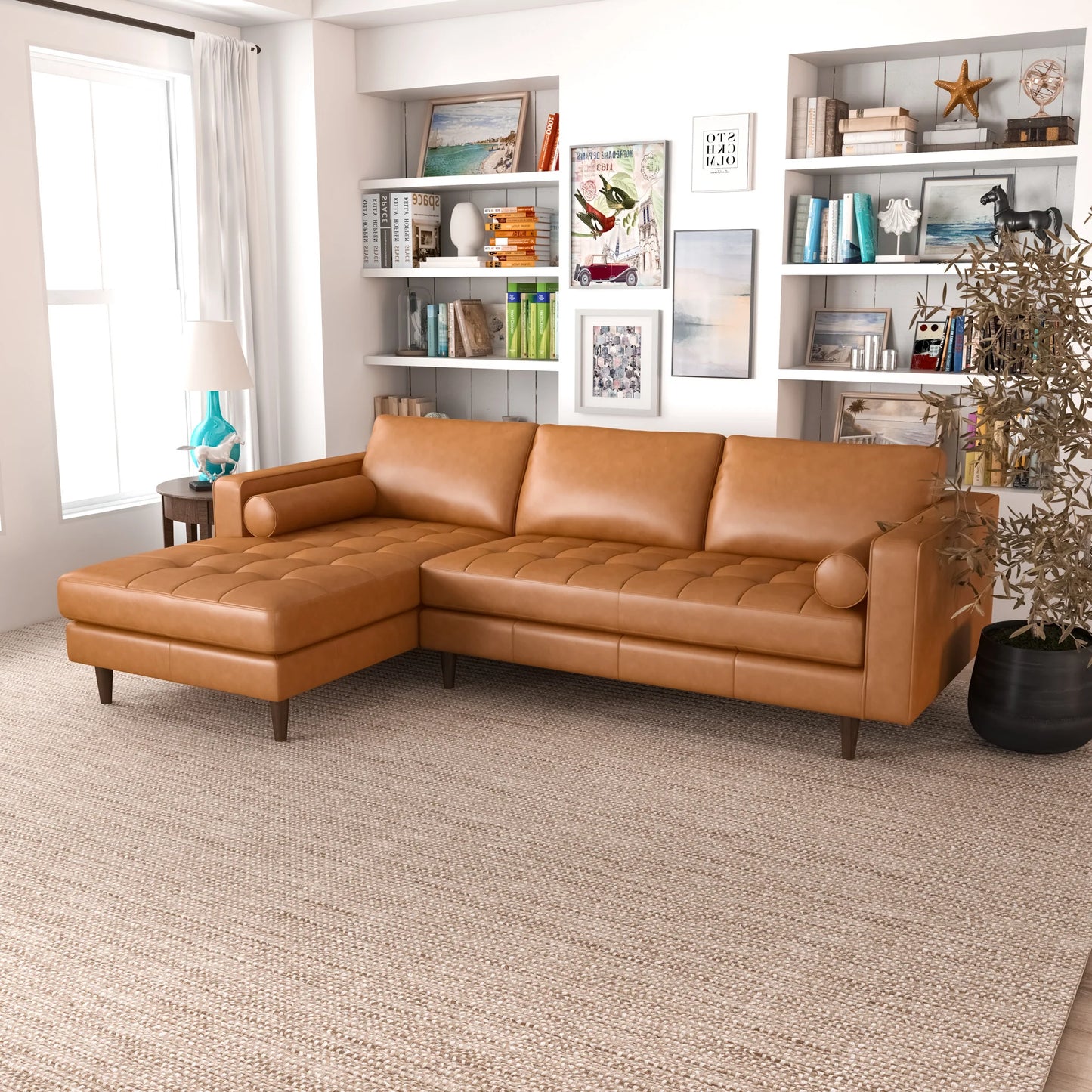 Daphne Leather L Shape Corner Sofa (Tan-Left Facing)