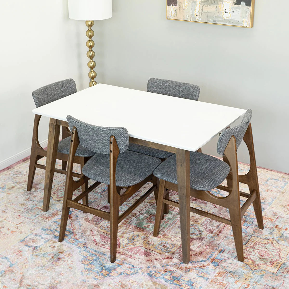 Dining Set , Alpine Small Table (White) with 4 Collins Chairs (Grey)