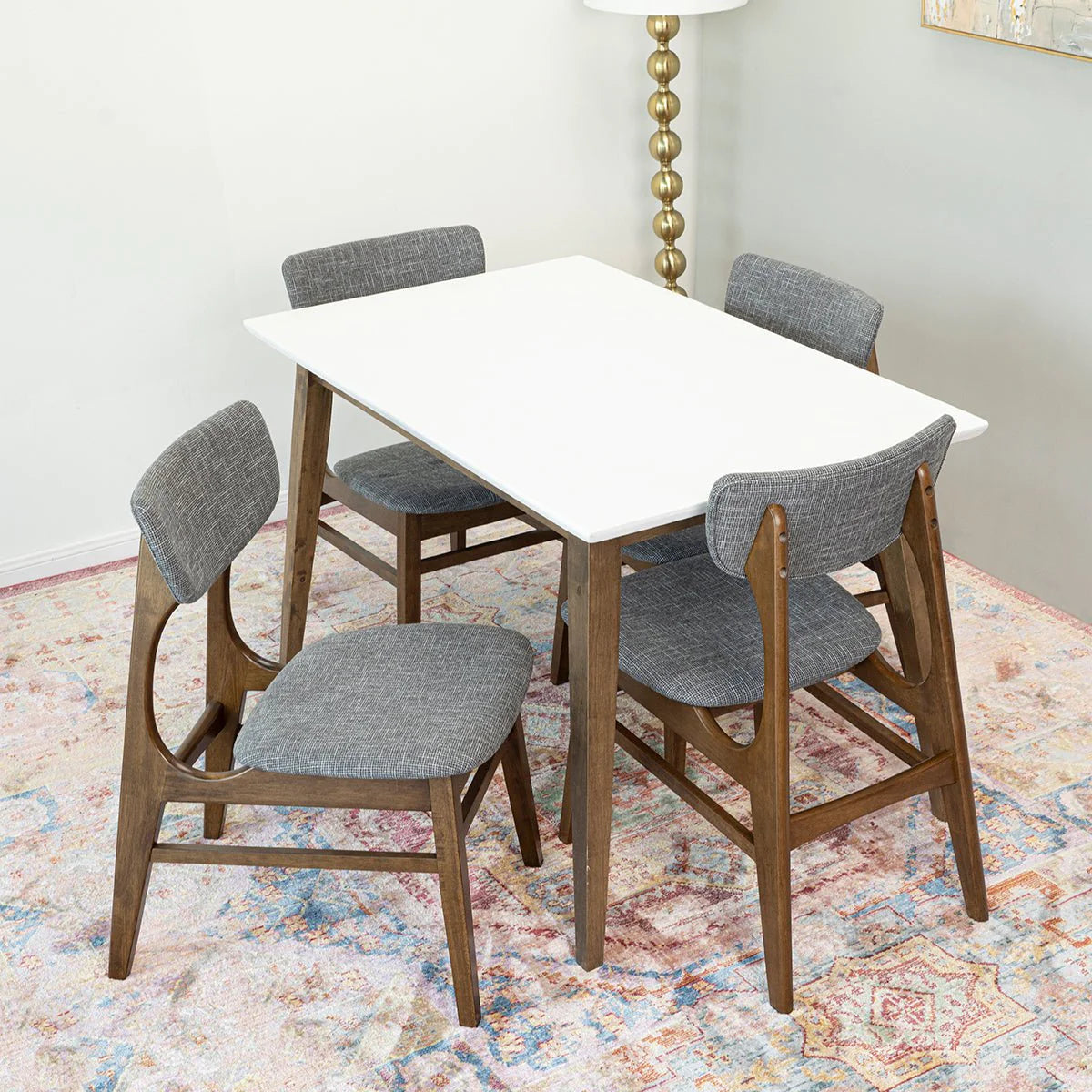 Dining Set , Alpine Small Table (White) with 4 Collins Chairs (Grey)