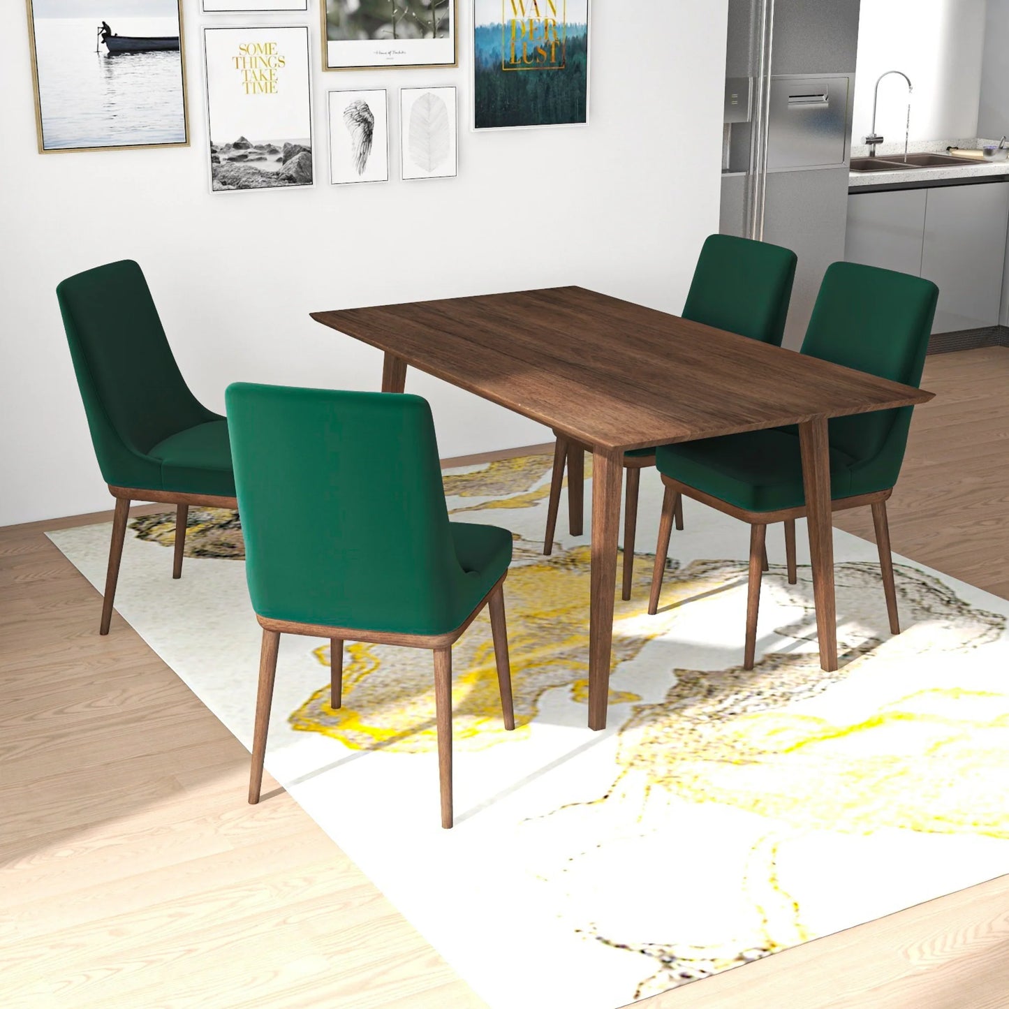 Adira (Large - Walnut) Dining Set with 4 Brighton Dining Chairs (Beige) - (Green Velvet)