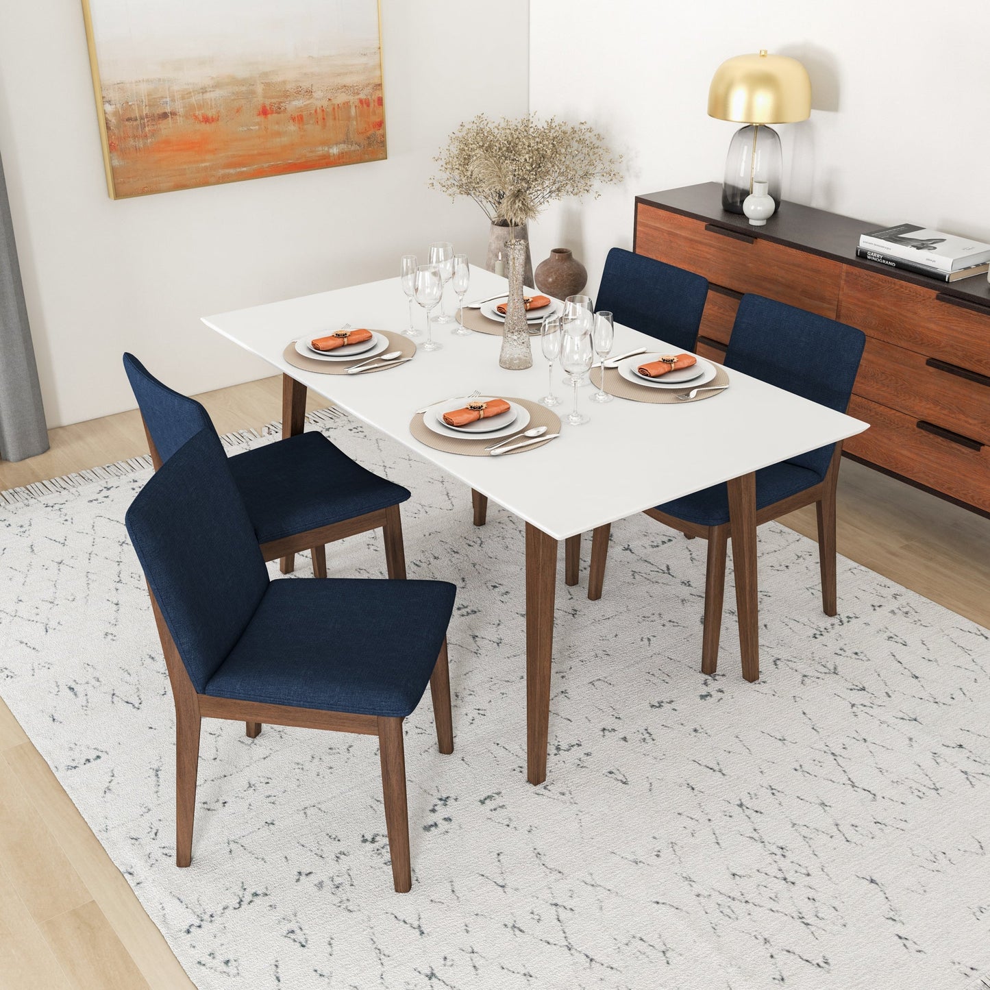 Dining Set, Alpine Large White Table with 4 Virginia Dark Blue Chairs