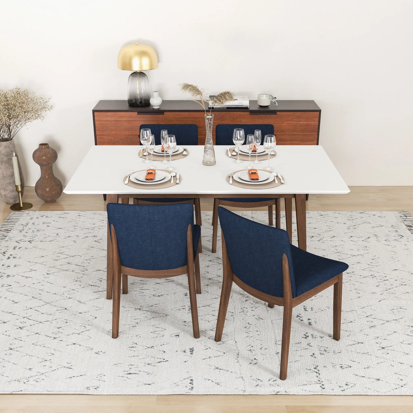 Dining Set, Alpine Large White Table with 4 Virginia Dark Blue Chairs