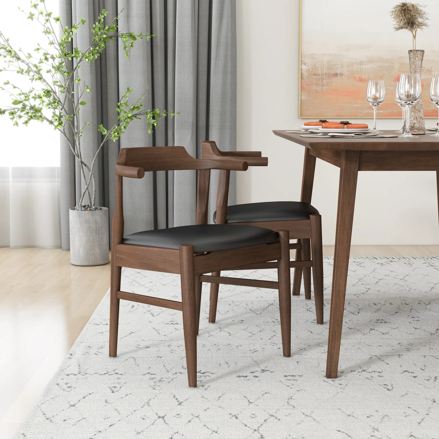 Alpine (Large - Walnut) Dining Set with 4 Zola (Black Leather) Dining Chairs