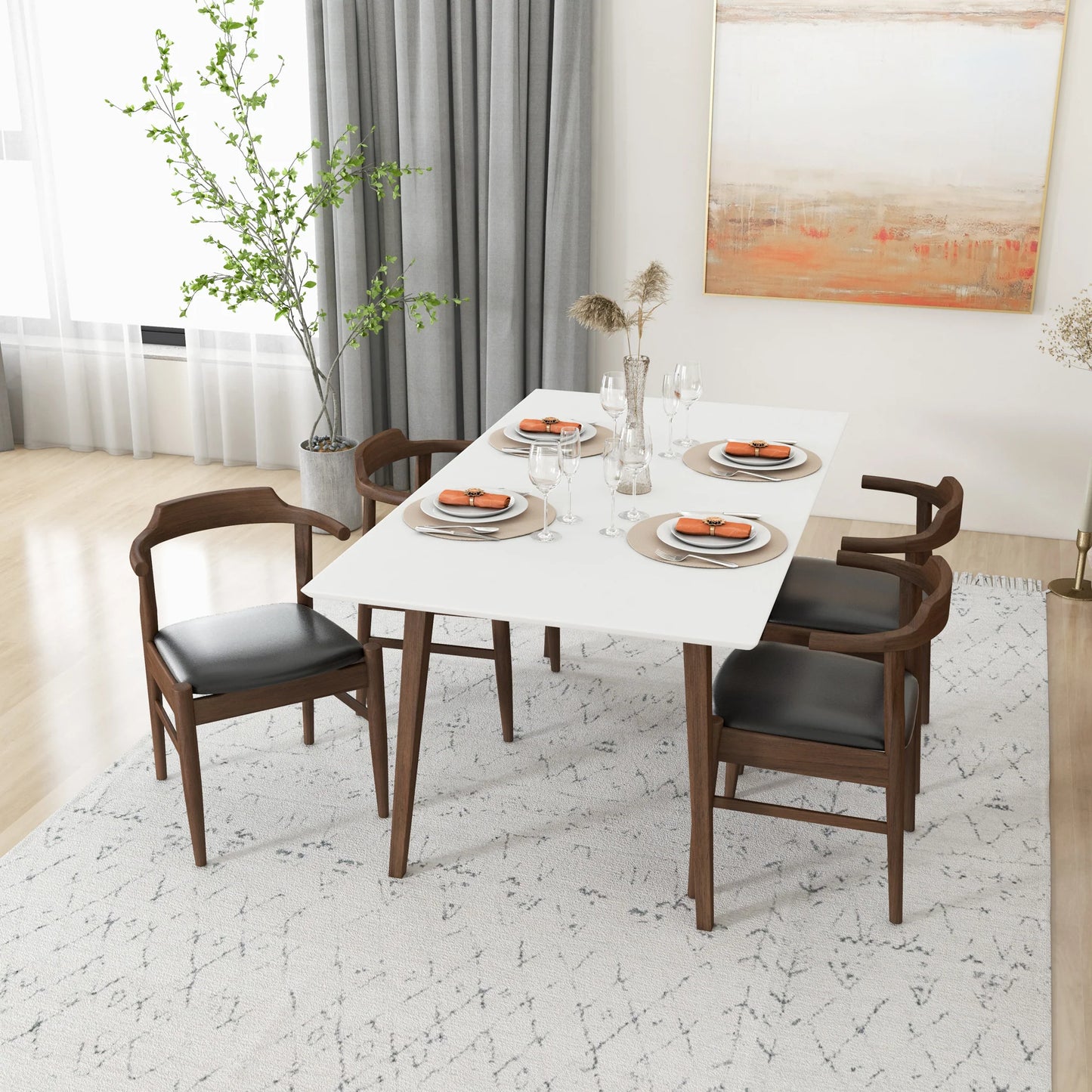 Alpine (Large - White) Dining Set with 4 Zola (Black Leather) Dining Chairs