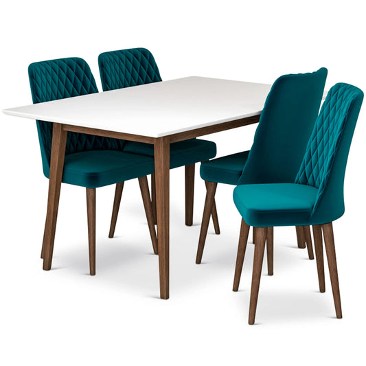 Adira (Small - White) Dining Set with 4 Evette (Teal Velvet) Dining Chairs