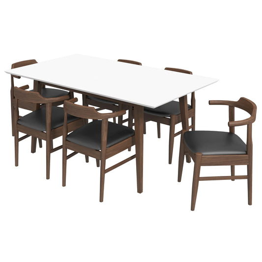 Dining Set, Alpine Large WHITE Table with 6 Zola Black Leather Chairs