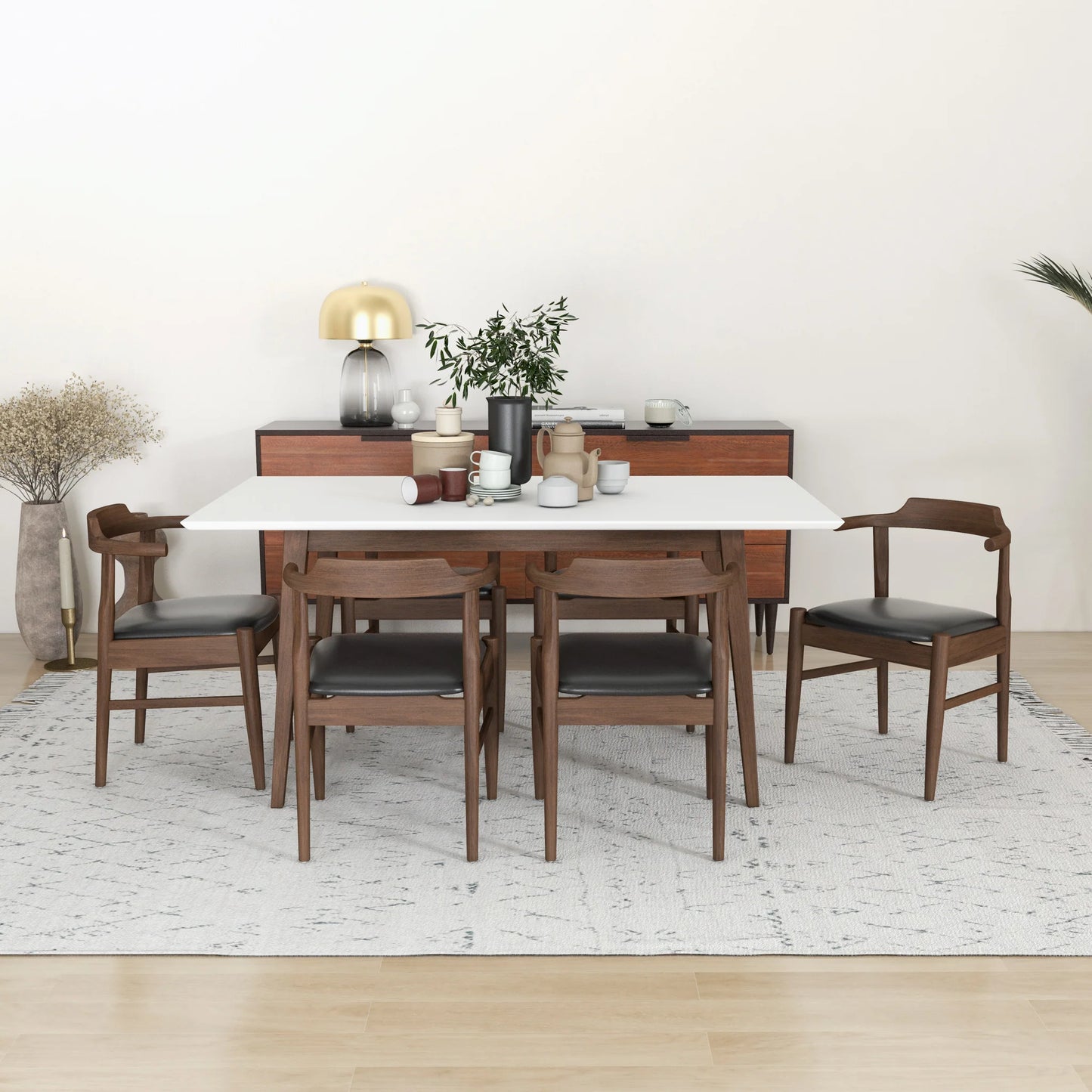 Dining Set, Alpine Large WHITE Table with 6 Zola Black Leather Chairs