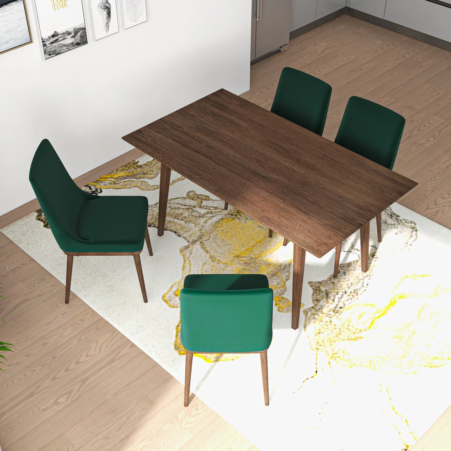 Adira (Large - Walnut) Dining Set with 4 Brighton Dining Chairs (Beige) - (Green Velvet)