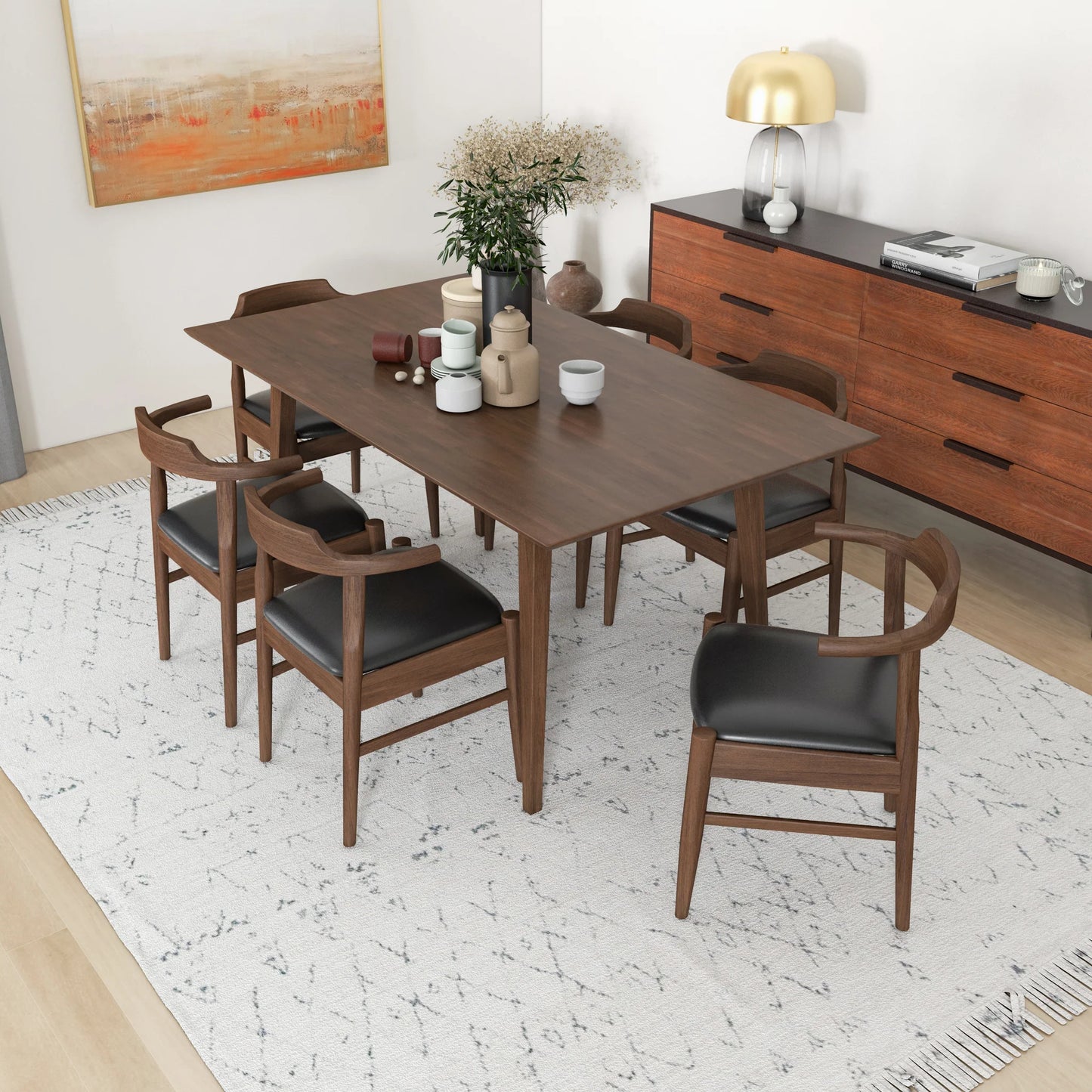 Dining Set, Alpine Large Table (Walnut) with 6 Zola Chairs (Black PU)