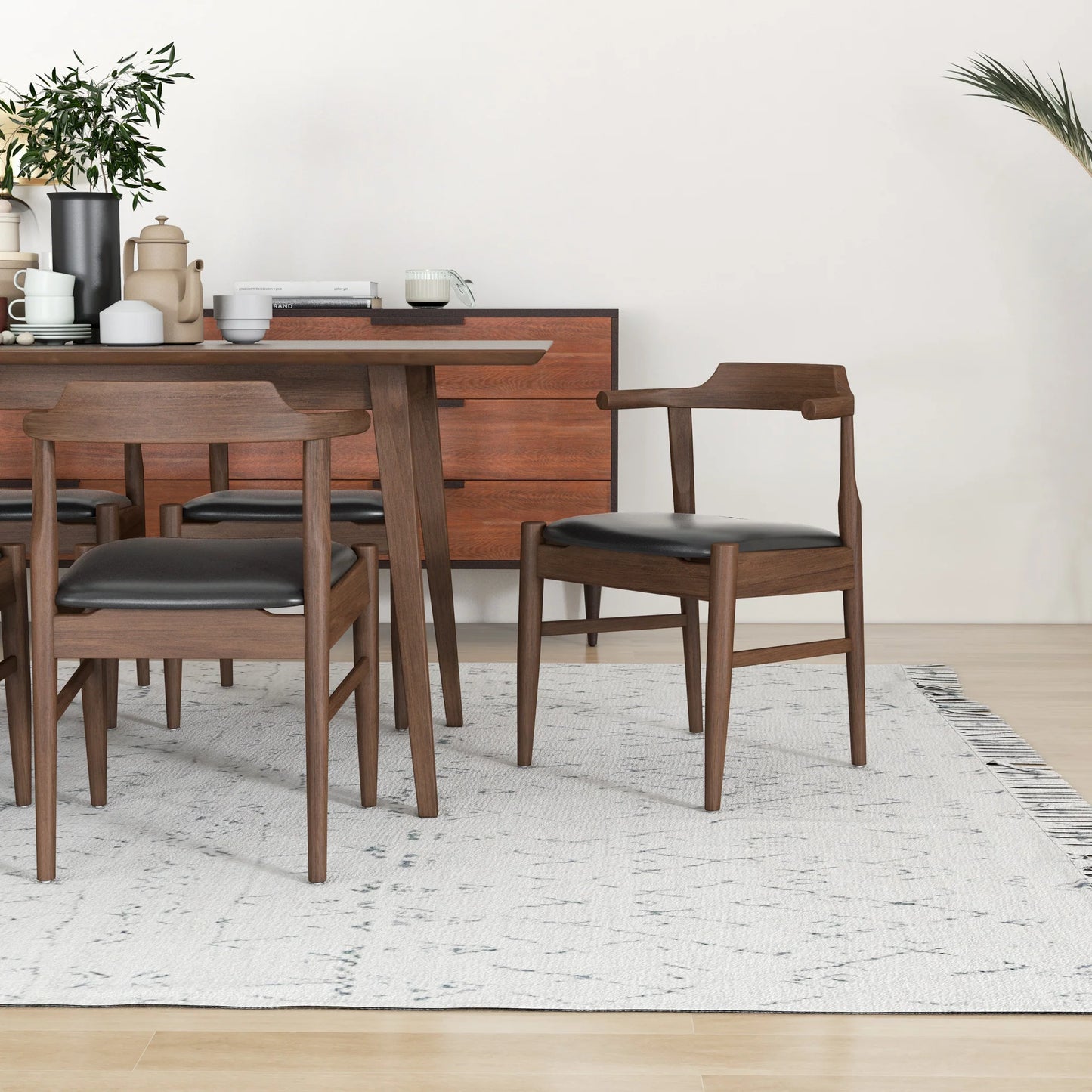 Dining Set, Alpine Large Table (Walnut) with 6 Zola Chairs (Black PU)