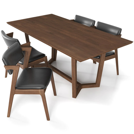 Dining Set Rolda Dining Table (Walnut) with 4 Ricco Chairs (Black Leather)