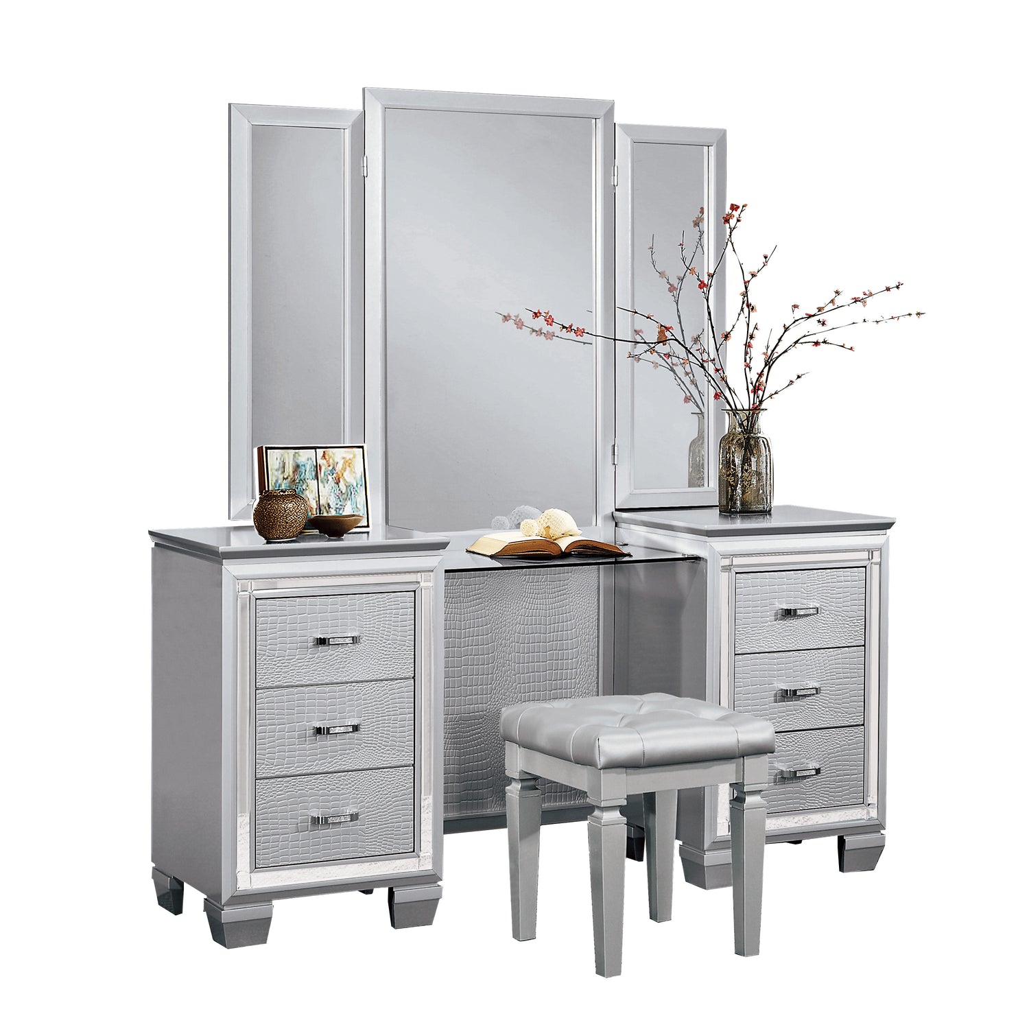 Allura Vanity Dresser w/ Mirror (Silver) by Homelegance Allura Vanity Dresser w/ Mirror (Silver) by Homelegance