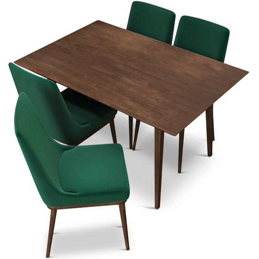 Adira (Small - Walnut) Dining Set with 4 Brighton (Green Velvet) Dining Chairs