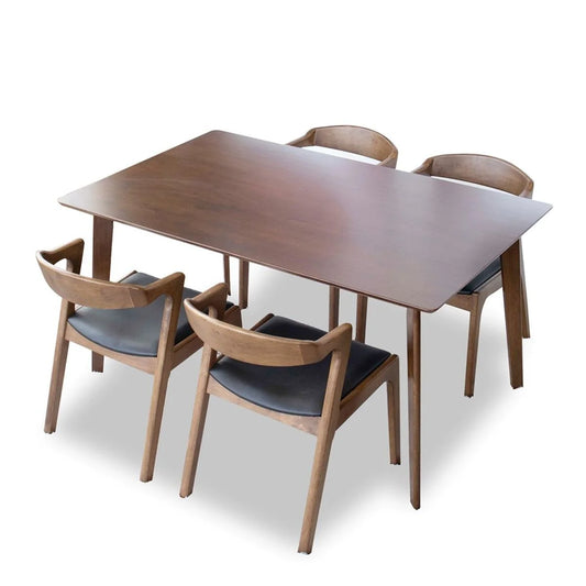 Abbott Large Walnut Dining Set with 4 Reggie Black Leather Chairs