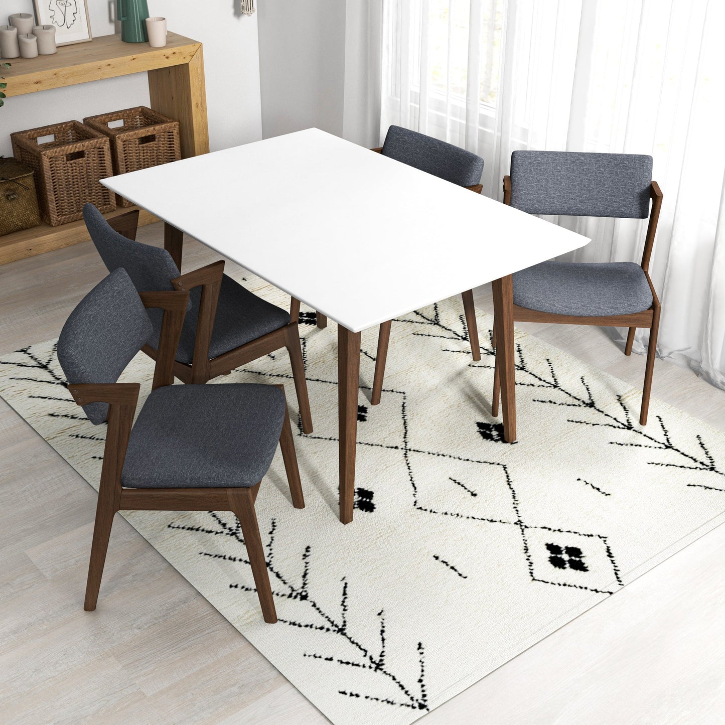 Adira (Small - White) Dining Set with 4 Ricco (Dark Grey) Dining Chairs
