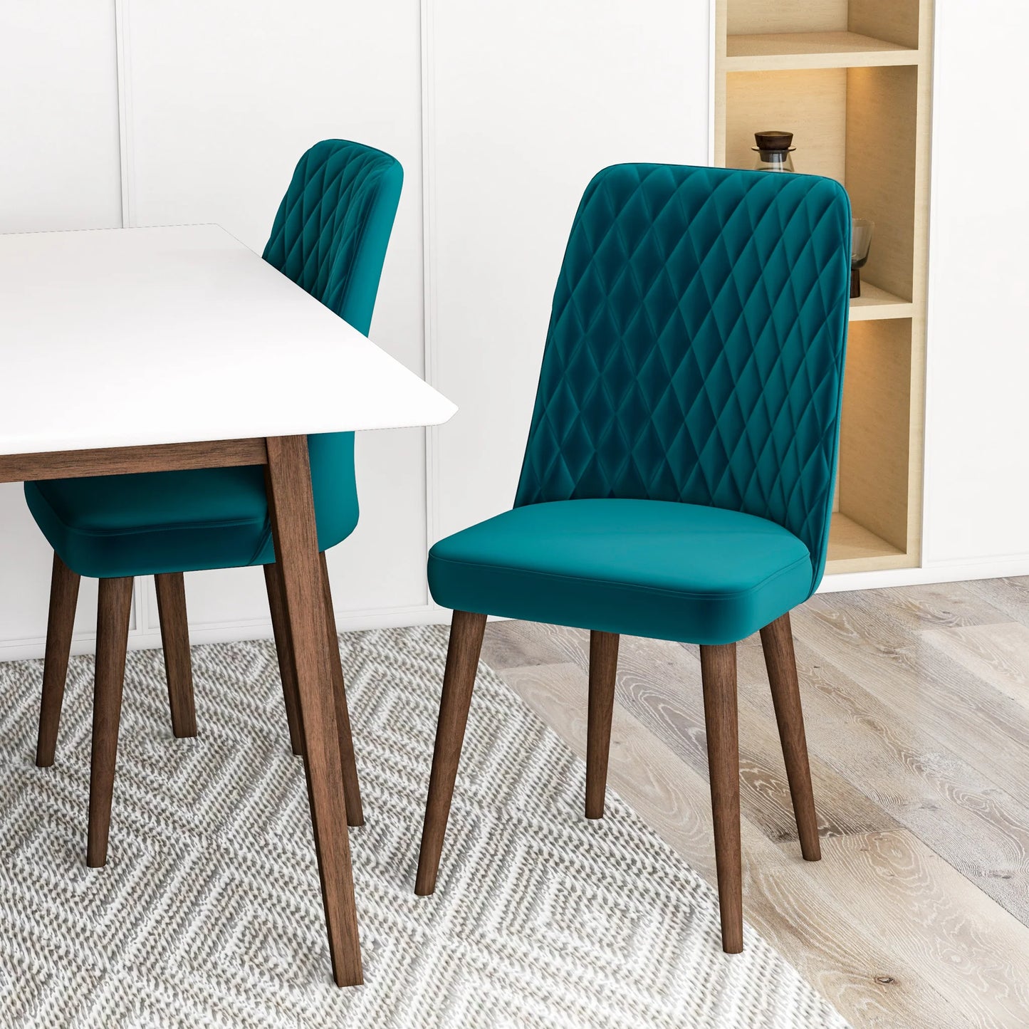 Adira (Small - White) Dining Set with 4 Evette (Teal Velvet) Dining Chairs
