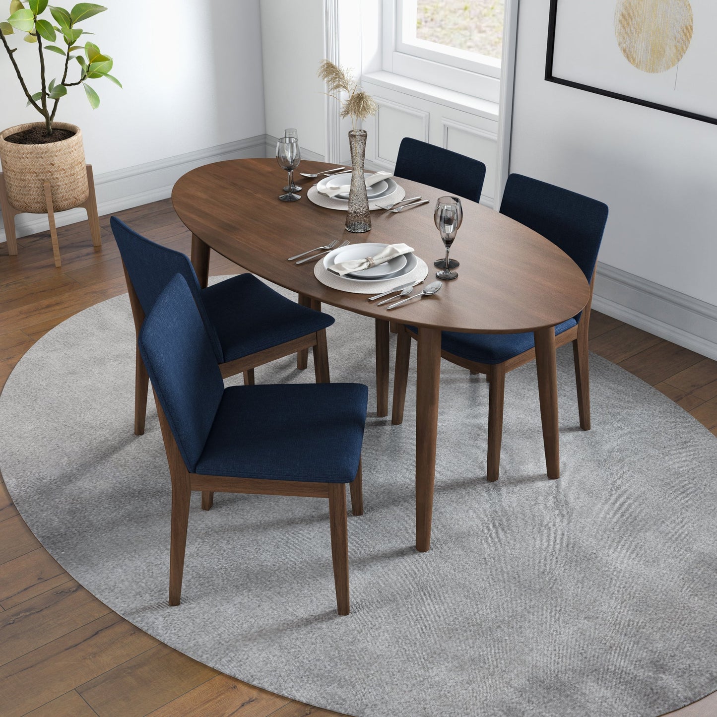 Dining set, Rixos Walnut Table with 4 Virginia Blue Fabric Chairs
