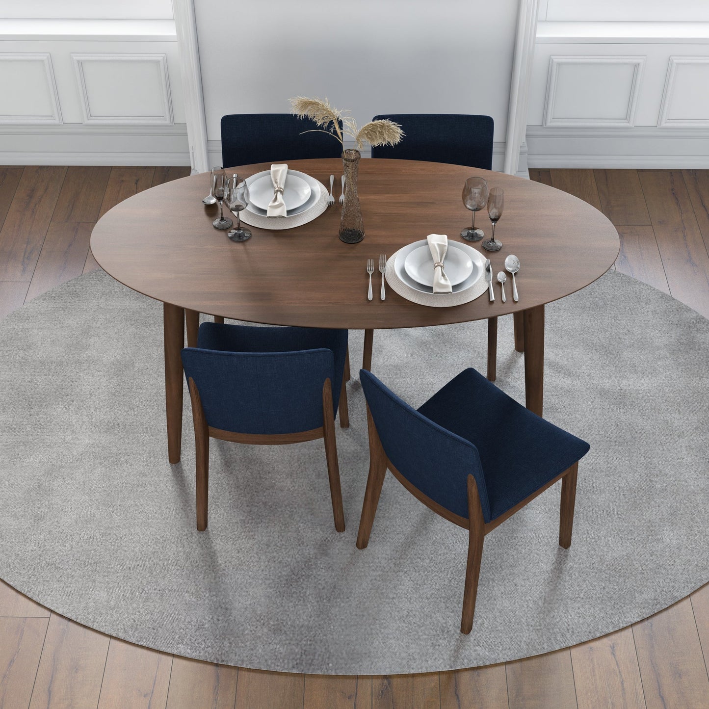 Dining set, Rixos Walnut Table with 4 Virginia Blue Fabric Chairs