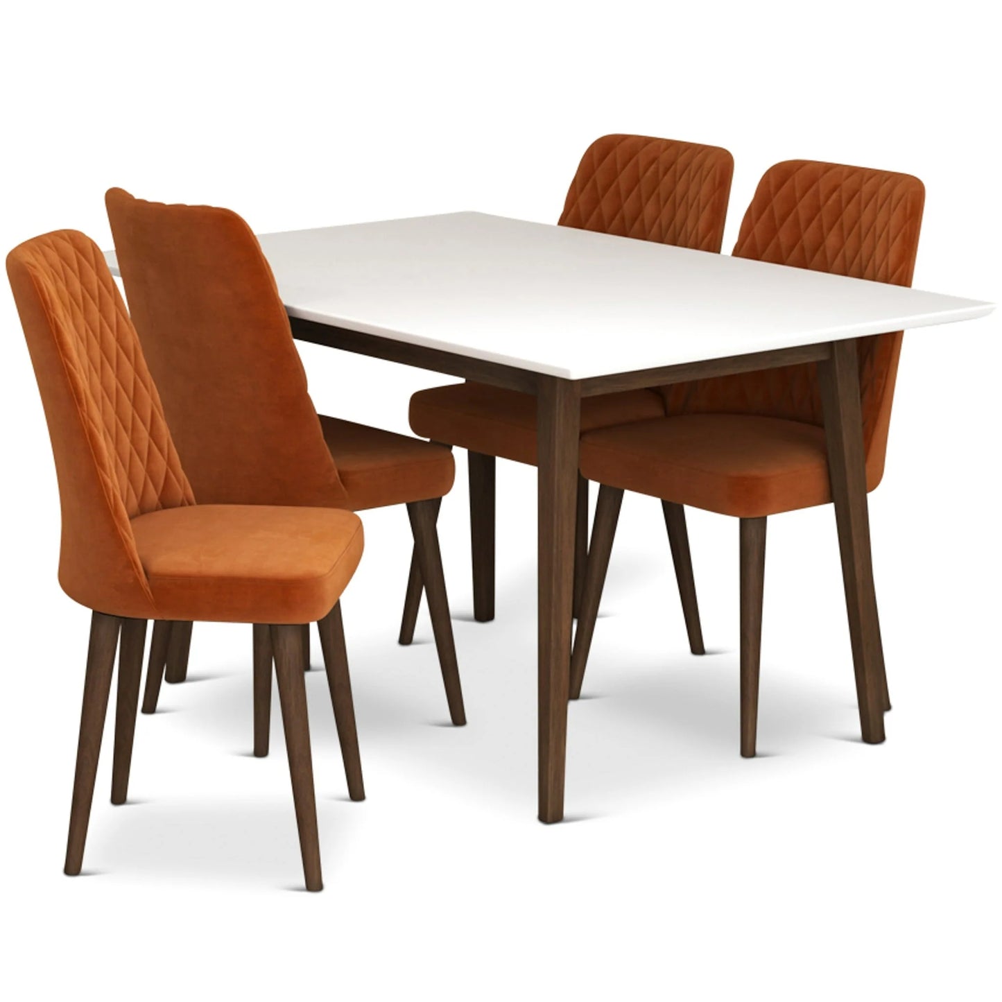 Adira (Small - White) Dining Set with 4 Evette (Burnt Orange Velvet) Dining Chairs