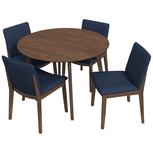 Dining Set, Aliana Walnut Round Table with 4 Virginia Blue Chairs