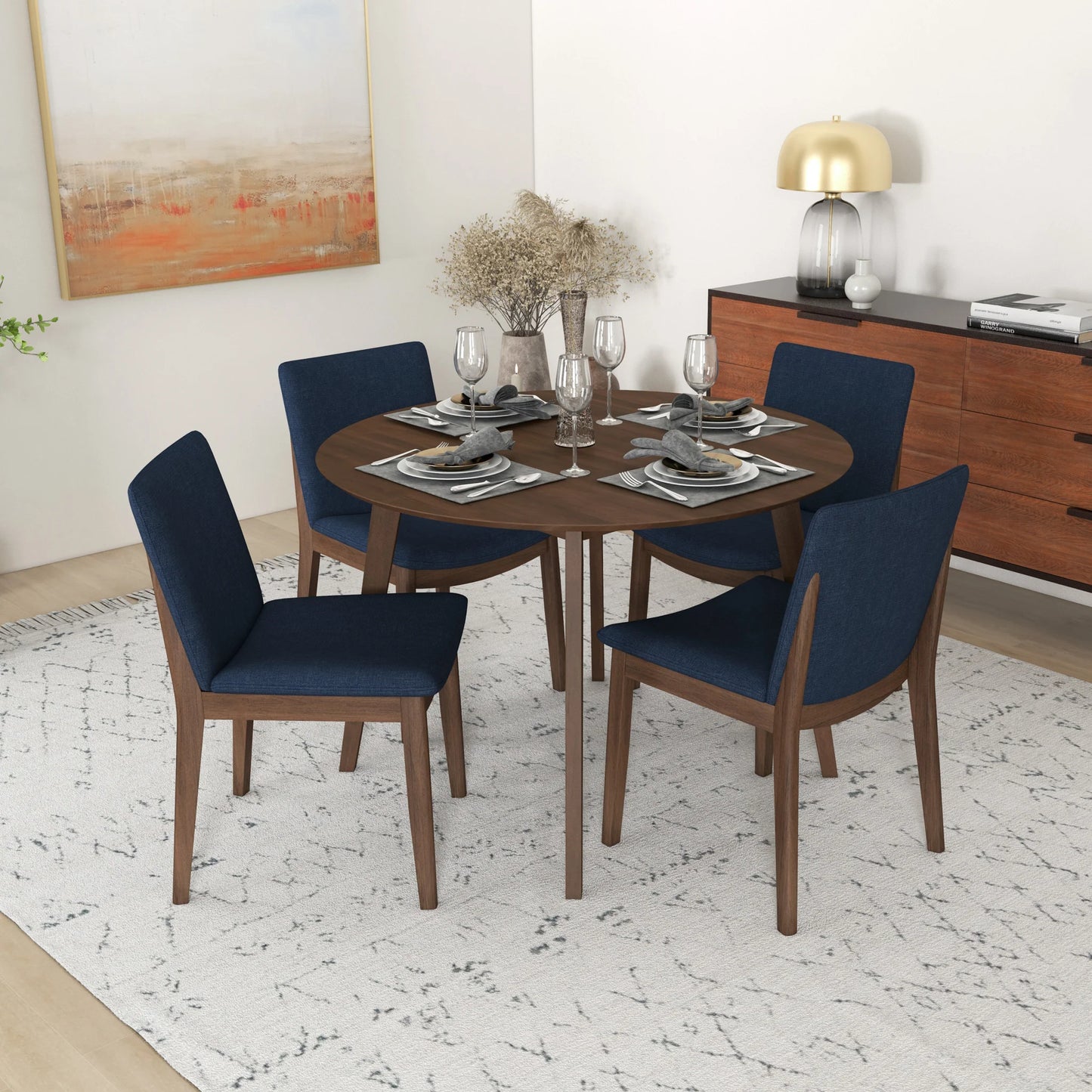 Dining Set, Aliana Walnut Round Table with 4 Virginia Blue Chairs