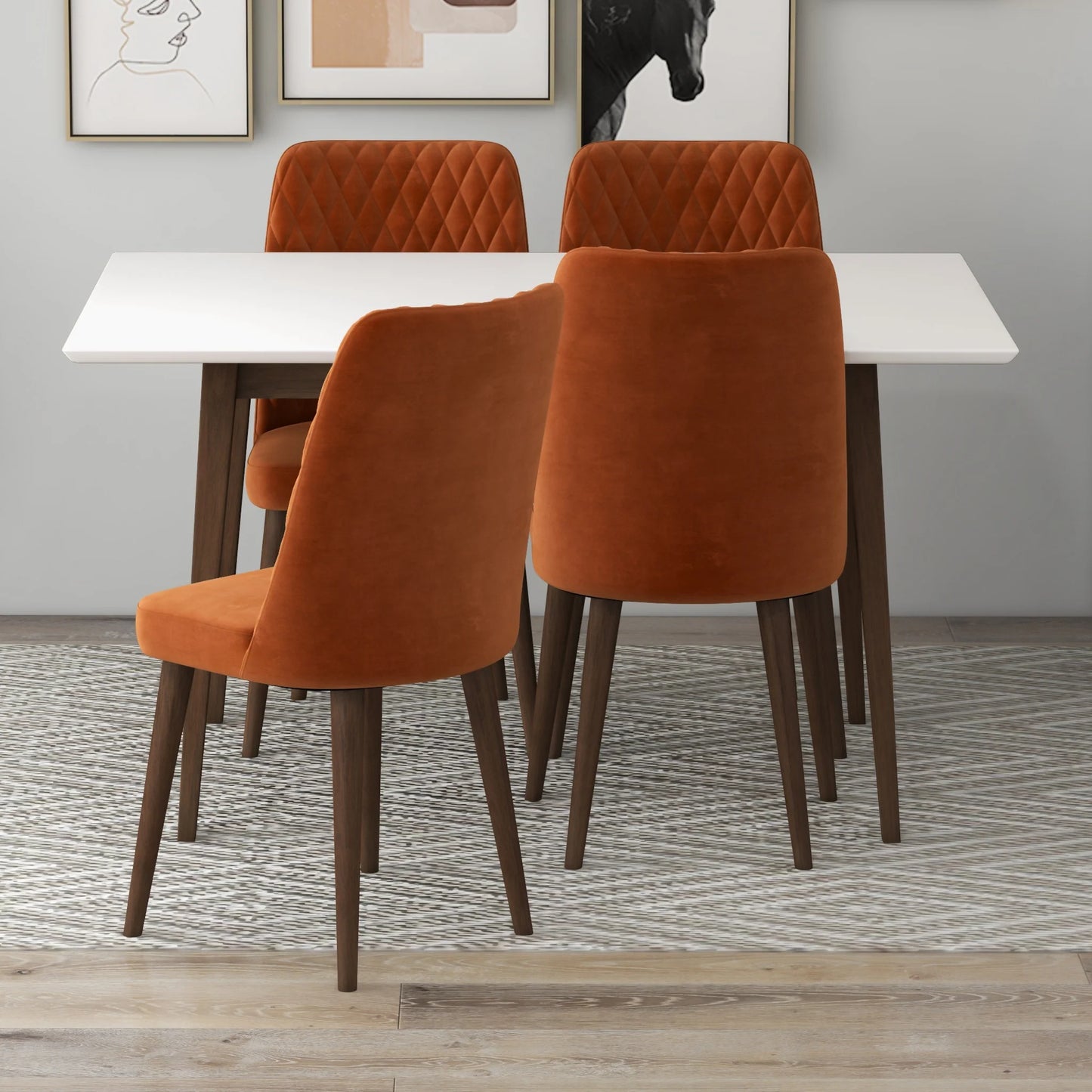 Adira (Small - White) Dining Set with 4 Evette (Burnt Orange Velvet) Dining Chairs