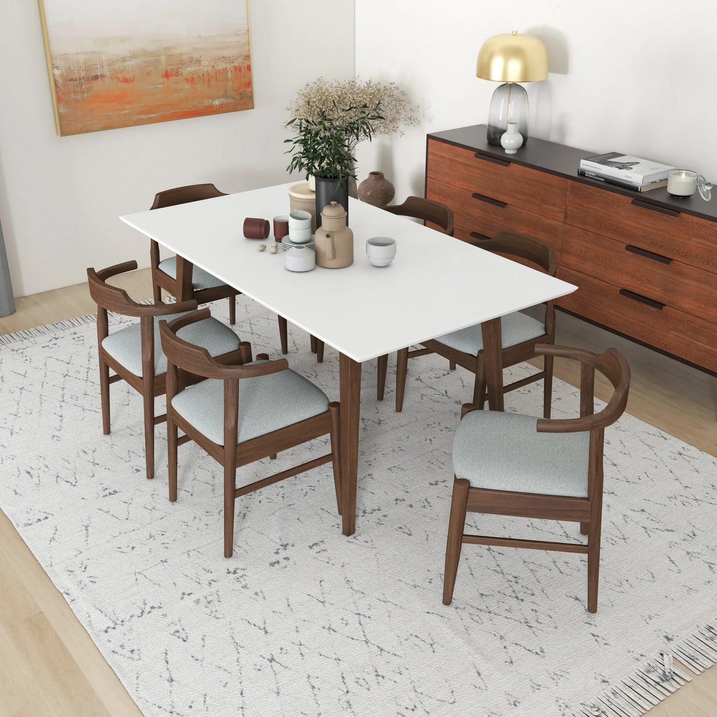 Alpine (Large - WHITE) Dining Set with 6 Zola (Gray Fabric) Dining Chairs