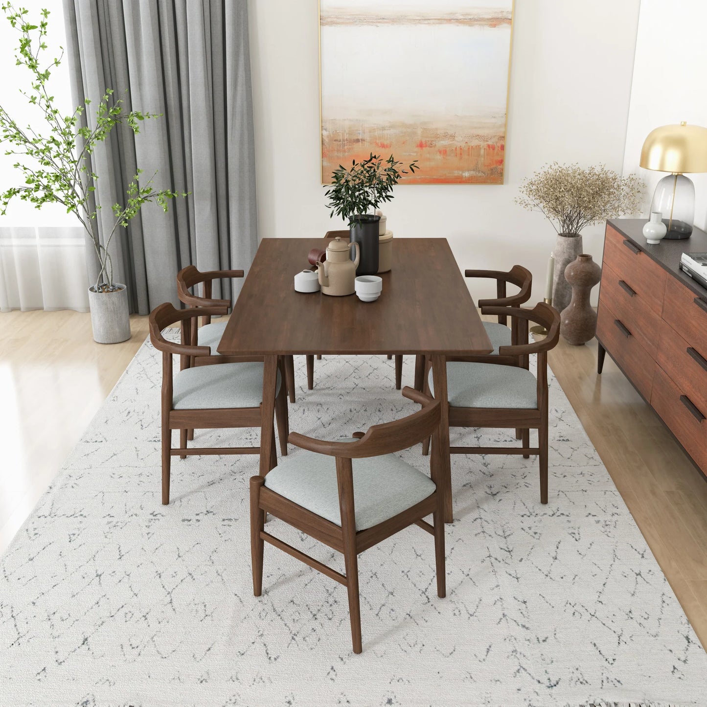 Alpine (Large - Walnut) Dining Set with 6 Zola (Gray Fabric) Dining Chairs