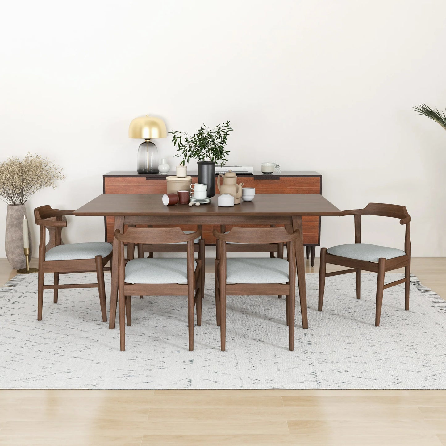 Alpine (Large - Walnut) Dining Set with 6 Zola (Gray Fabric) Dining Chairs