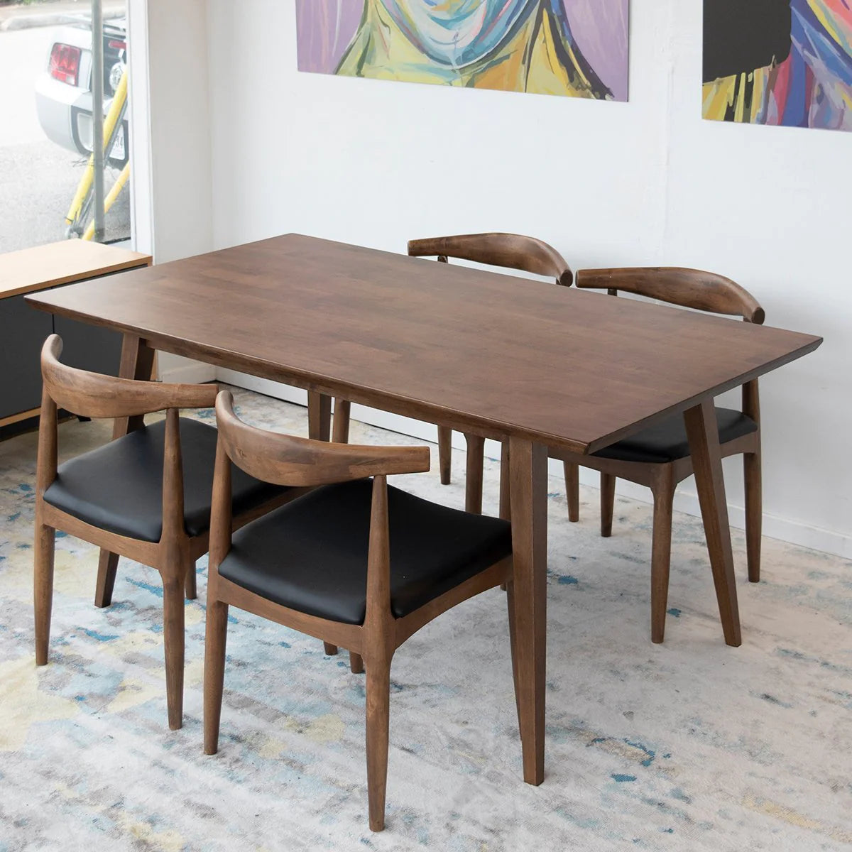 Adira (Large Walnut) Dining Set with 4 Juliet (Black Leather) Dining Chairs