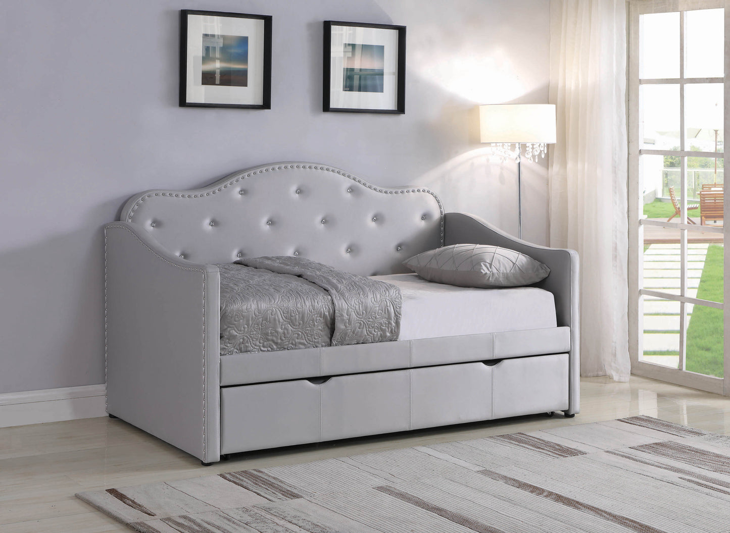 Upholstered Twin Daybed With Trundle Pearlescent Grey - 300629